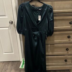 Express V-neck puff sleeve faux wrap midi dress